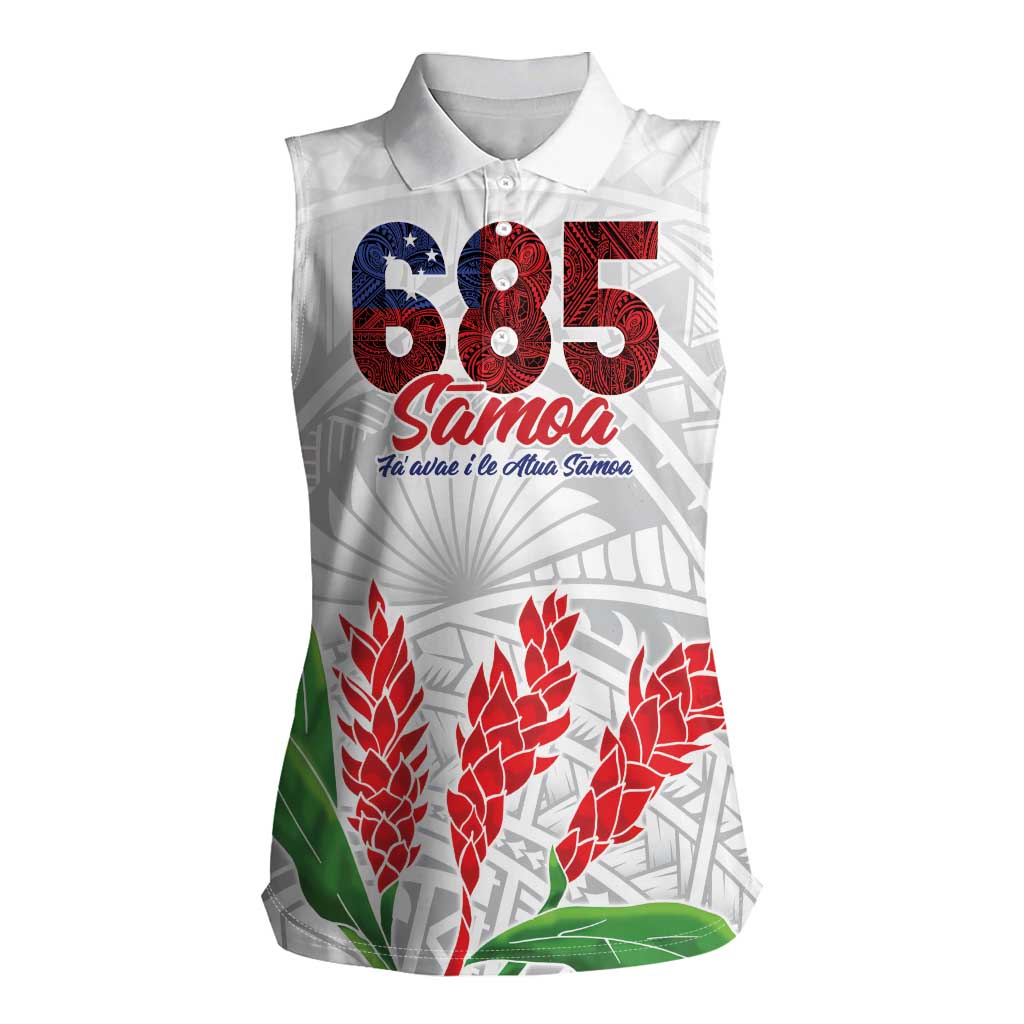 Personalised Samoa 685 Women Sleeveless Polo Shirt Teuila Flower With White Samoan Tattoo LT9 Female White - Polynesian Pride