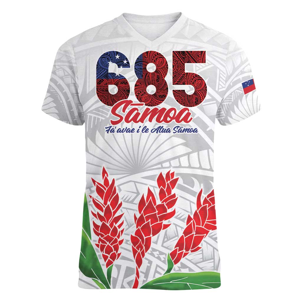Personalised Samoa 685 Women V-Neck T-Shirt Teuila Flower With White Samoan Tattoo LT9 Female White - Polynesian Pride