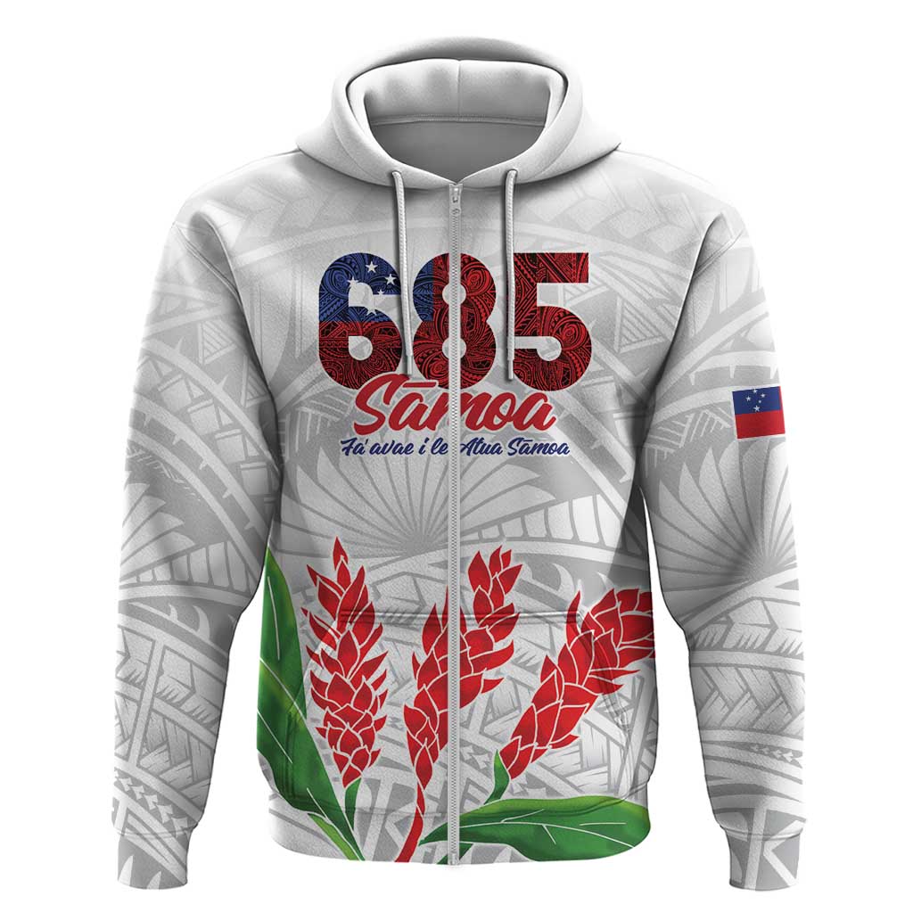 Personalised Samoa 685 Zip Hoodie Teuila Flower With White Samoan Tattoo LT9 Zip Hoodie White - Polynesian Pride