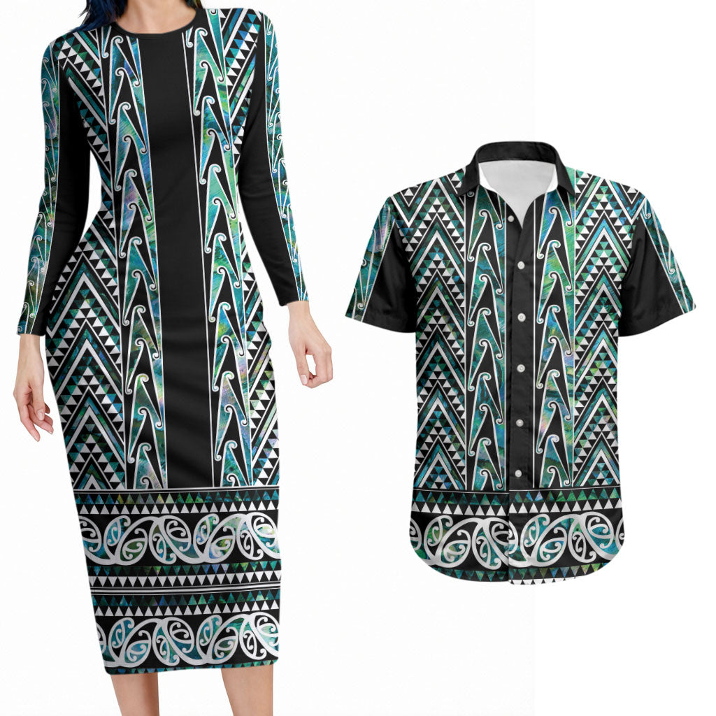 New Zealand Maori Niho Taniwha Couples Matching Long Sleeve Bodycon Dress and Hawaiian Shirt Papua Shell - Mangopare Puhoro Pattern LT9 Green - Polynesian Pride