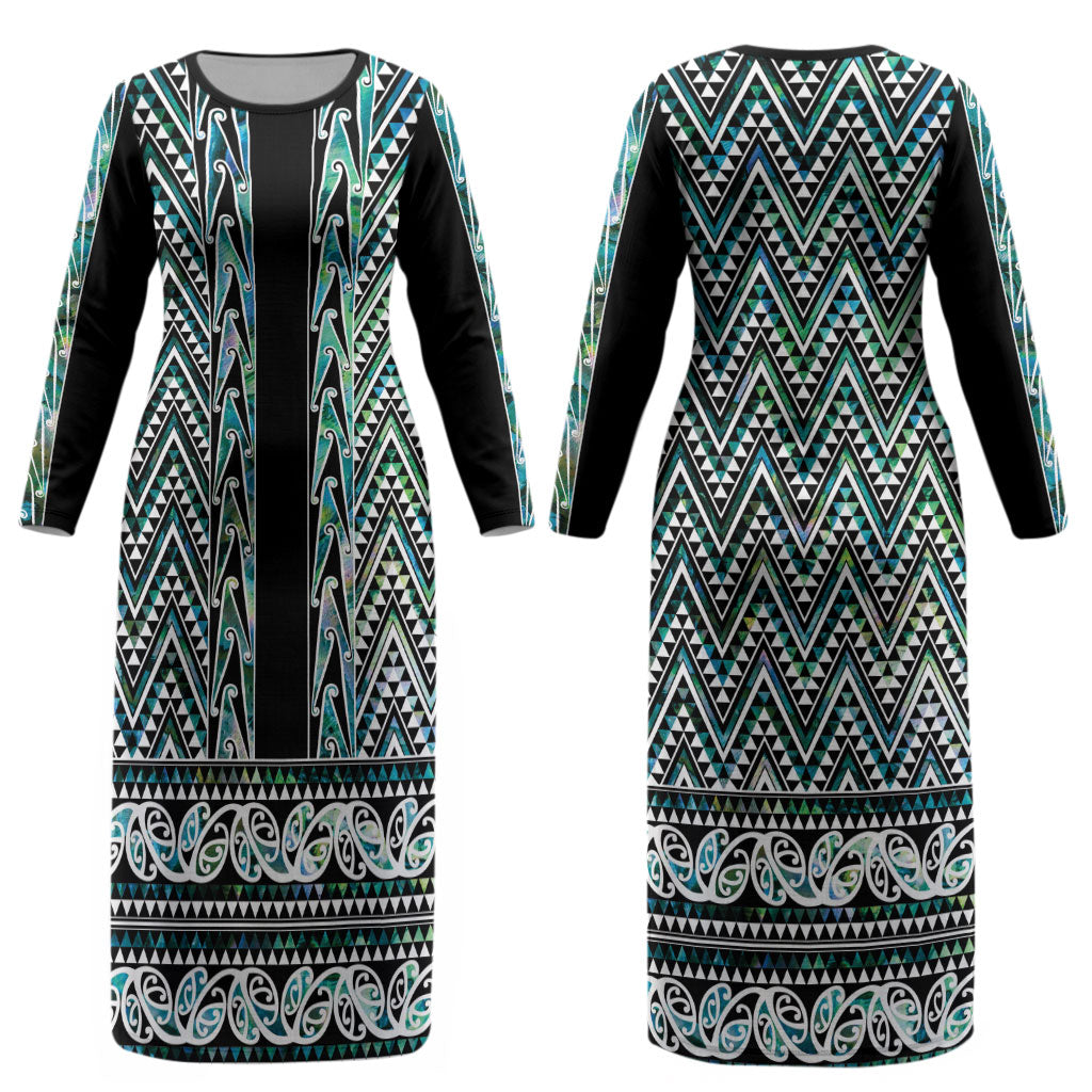 New Zealand Maori Niho Taniwha Couples Matching Long Sleeve Bodycon Dress and Hawaiian Shirt Papua Shell - Mangopare Puhoro Pattern LT9 - Polynesian Pride