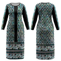 New Zealand Maori Niho Taniwha Couples Matching Long Sleeve Bodycon Dress and Long Sleeve Button Shirt Papua Shell - Mangopare Puhoro Pattern LT9 - Polynesian Pride