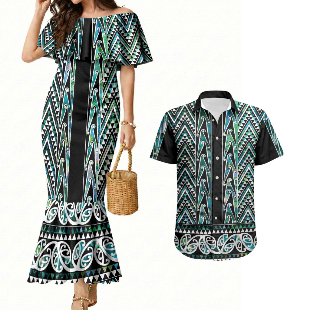 New Zealand Maori Niho Taniwha Couples Matching Mermaid Dress and Hawaiian Shirt Papua Shell - Mangopare Puhoro Pattern LT9 Green - Polynesian Pride