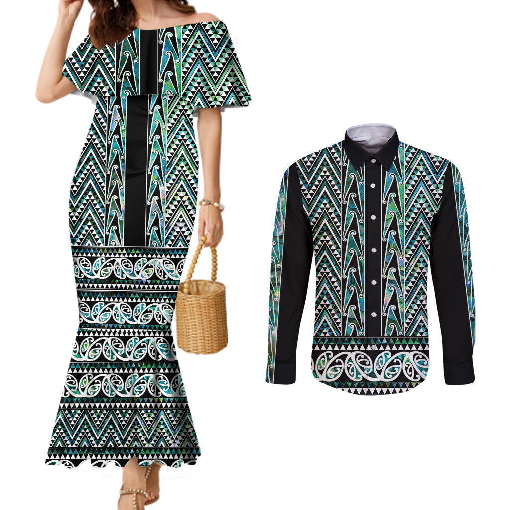 New Zealand Maori Niho Taniwha Couples Matching Mermaid Dress and Long Sleeve Button Shirt Papua Shell - Mangopare Puhoro Pattern