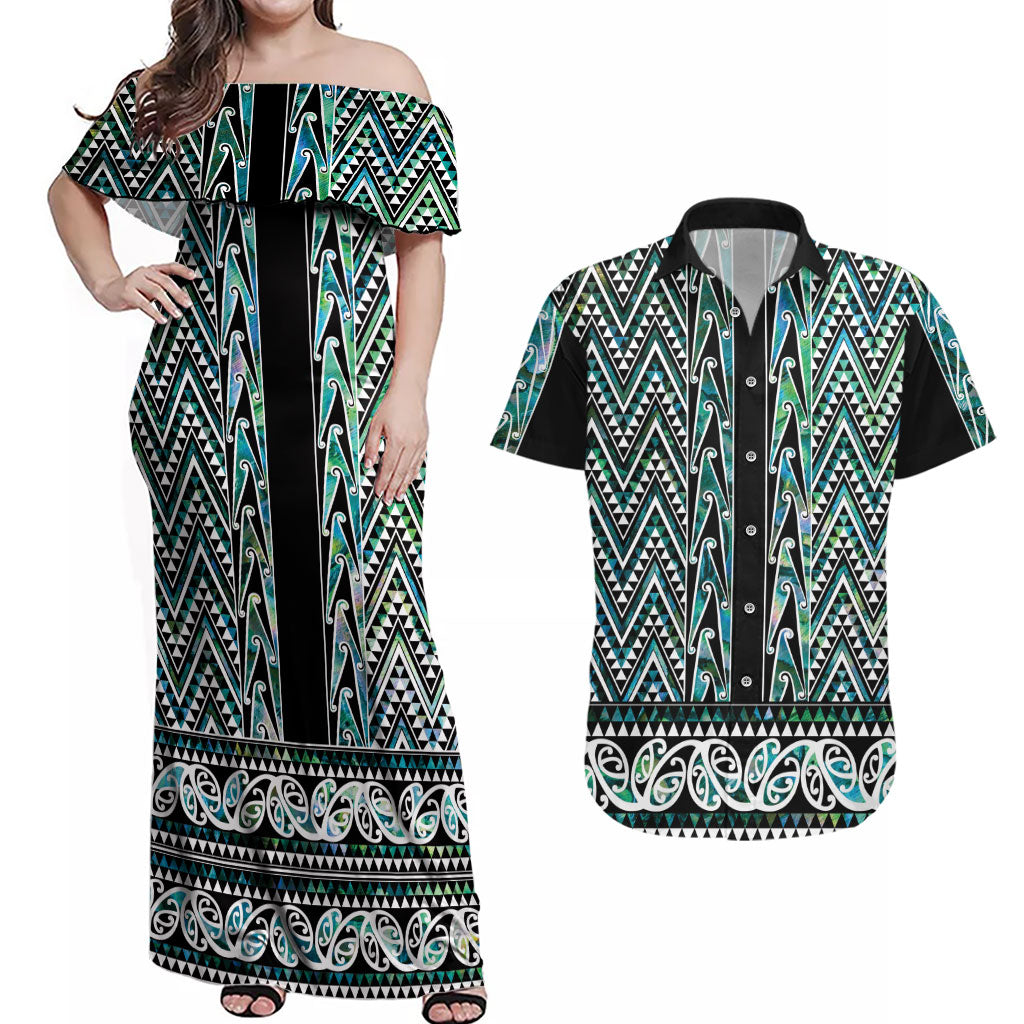 New Zealand Maori Niho Taniwha Couples Matching Off Shoulder Maxi Dress and Hawaiian Shirt Papua Shell - Mangopare Puhoro Pattern