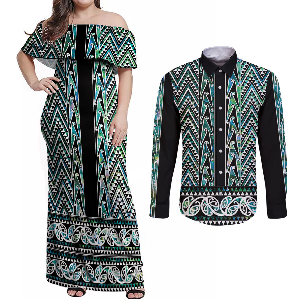 New Zealand Maori Niho Taniwha Couples Matching Off Shoulder Maxi Dress and Long Sleeve Button Shirt Papua Shell - Mangopare Puhoro Pattern