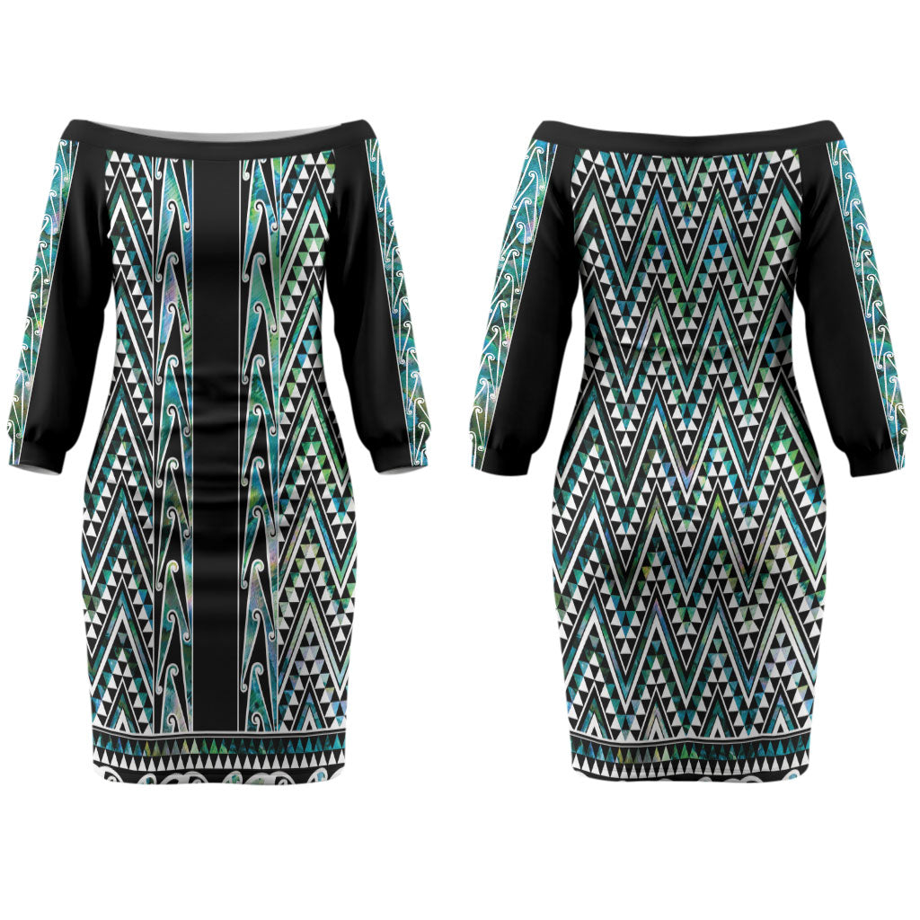 New Zealand Maori Niho Taniwha Couples Matching Off The Shoulder Long Sleeve Dress and Hawaiian Shirt Papua Shell - Mangopare Puhoro Pattern LT9 - Polynesian Pride
