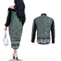 New Zealand Maori Niho Taniwha Couples Matching Off The Shoulder Long Sleeve Dress and Long Sleeve Button Shirt Papua Shell - Mangopare Puhoro Pattern