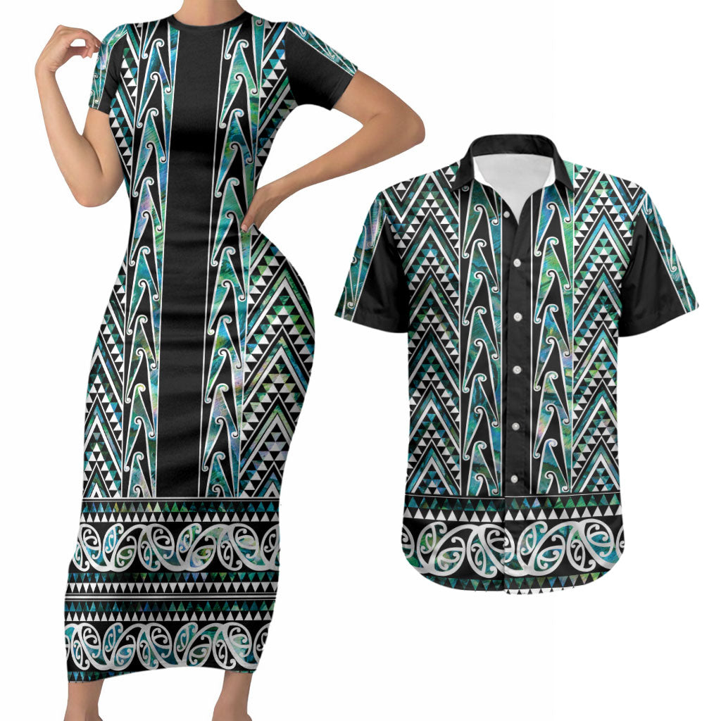 New Zealand Maori Niho Taniwha Couples Matching Short Sleeve Bodycon Dress and Hawaiian Shirt Papua Shell - Mangopare Puhoro Pattern LT9 Green - Polynesian Pride