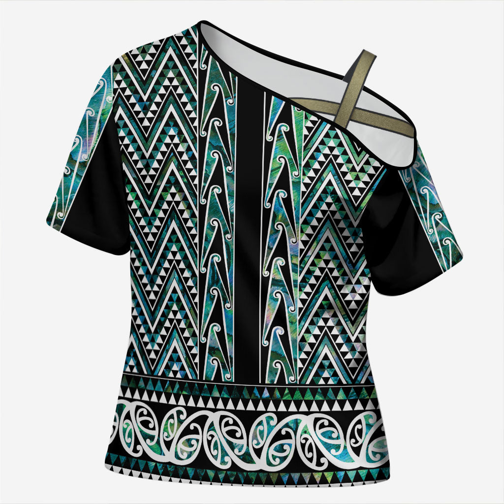 New Zealand Maori Niho Taniwha Cross Shoulder Shirt Papua Shell - Mangopare Puhoro Pattern