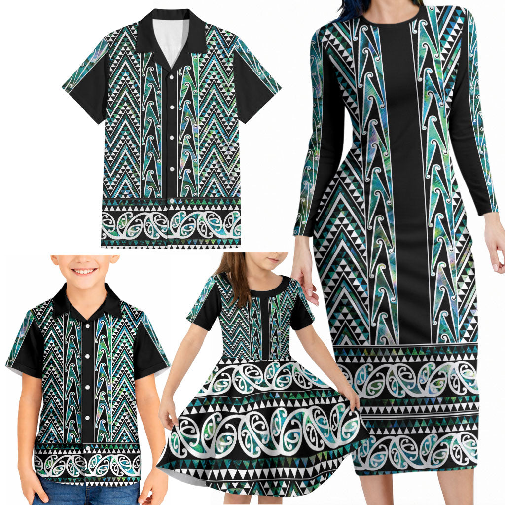 New Zealand Maori Niho Taniwha Family Matching Long Sleeve Bodycon Dress and Hawaiian Shirt Papua Shell - Mangopare Puhoro Pattern LT9 - Polynesian Pride