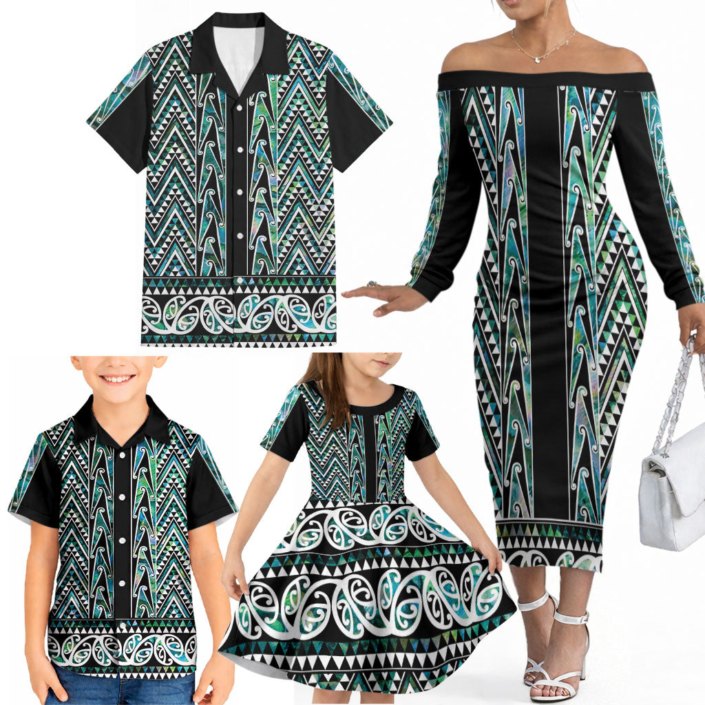 New Zealand Maori Niho Taniwha Family Matching Off The Shoulder Long Sleeve Dress and Hawaiian Shirt Papua Shell - Mangopare Puhoro Pattern LT9 - Polynesian Pride