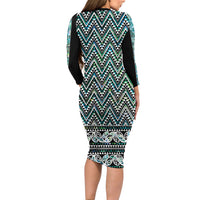 New Zealand Maori Niho Taniwha Long Sleeve Bodycon Dress Papua Shell - Mangopare Puhoro Pattern