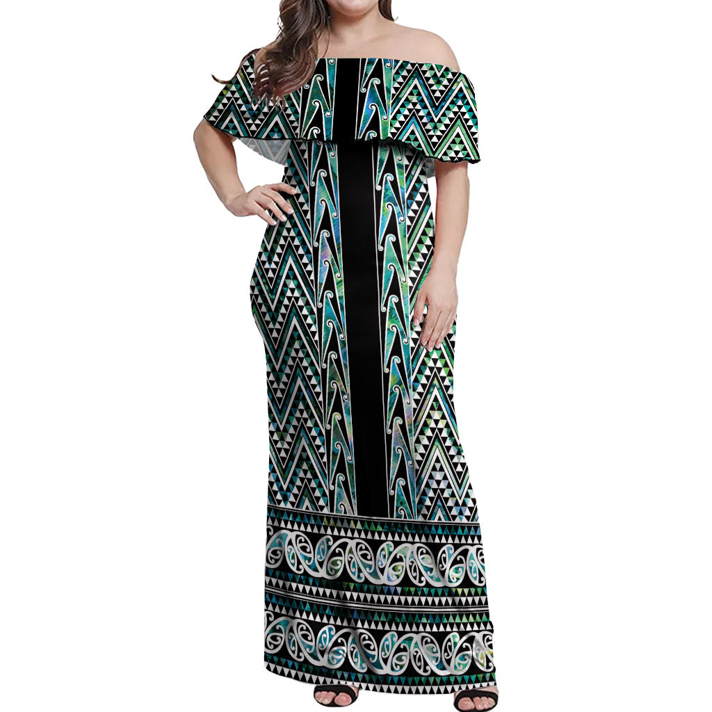 New Zealand Maori Niho Taniwha Off Shoulder Maxi Dress Papua Shell - Mangopare Puhoro Pattern