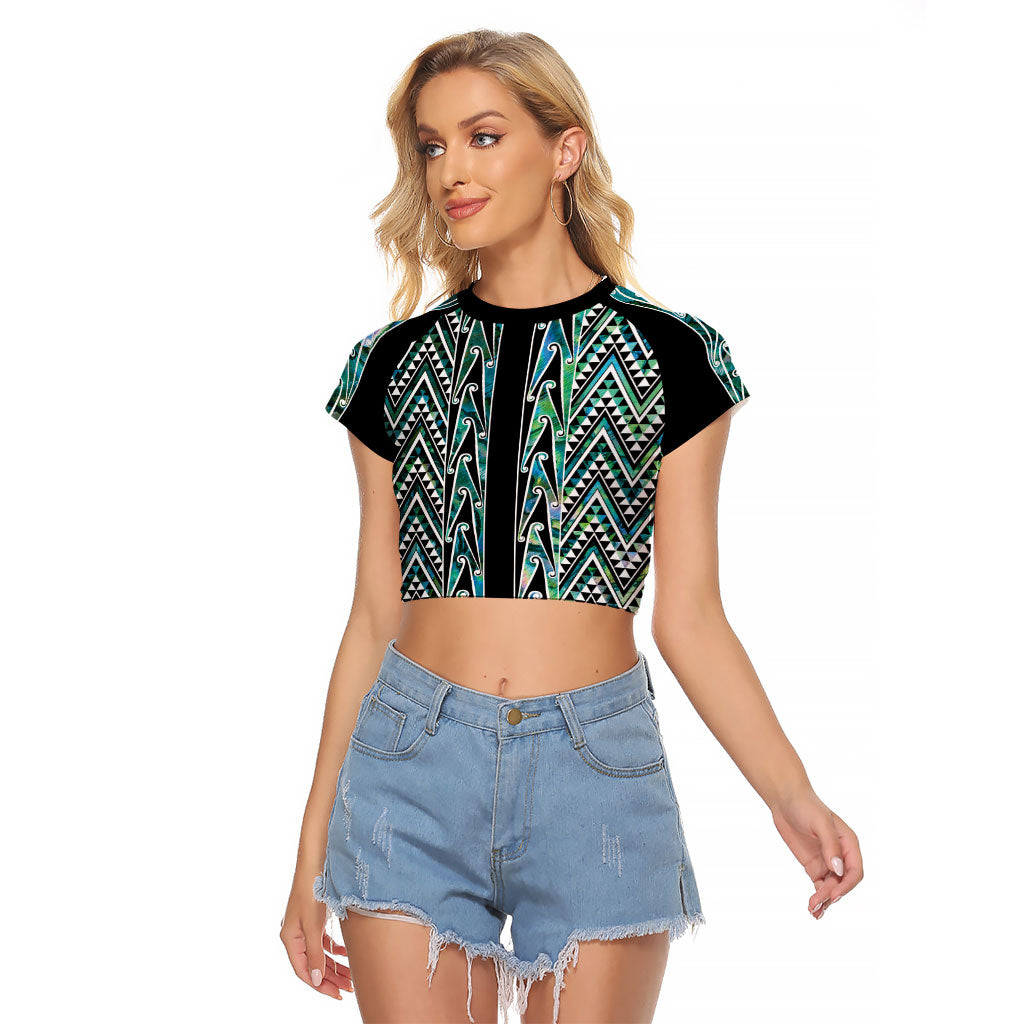 New Zealand Maori Niho Taniwha Raglan Cropped T Shirt Papua Shell - Mangopare Puhoro Pattern