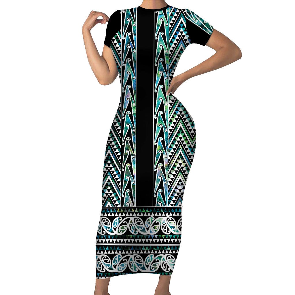New Zealand Maori Niho Taniwha Short Sleeve Bodycon Dress Papua Shell - Mangopare Puhoro Pattern
