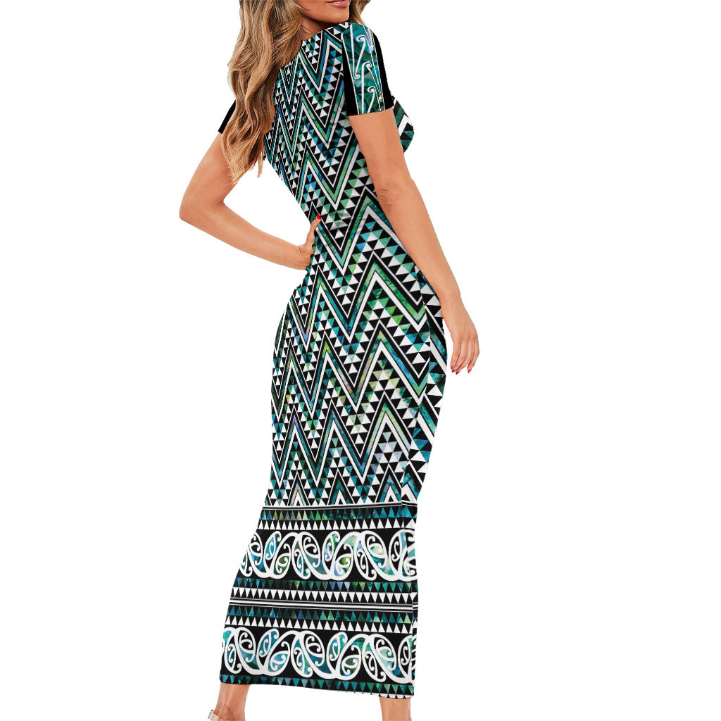 New Zealand Maori Niho Taniwha Short Sleeve Bodycon Dress Papua Shell - Mangopare Puhoro Pattern
