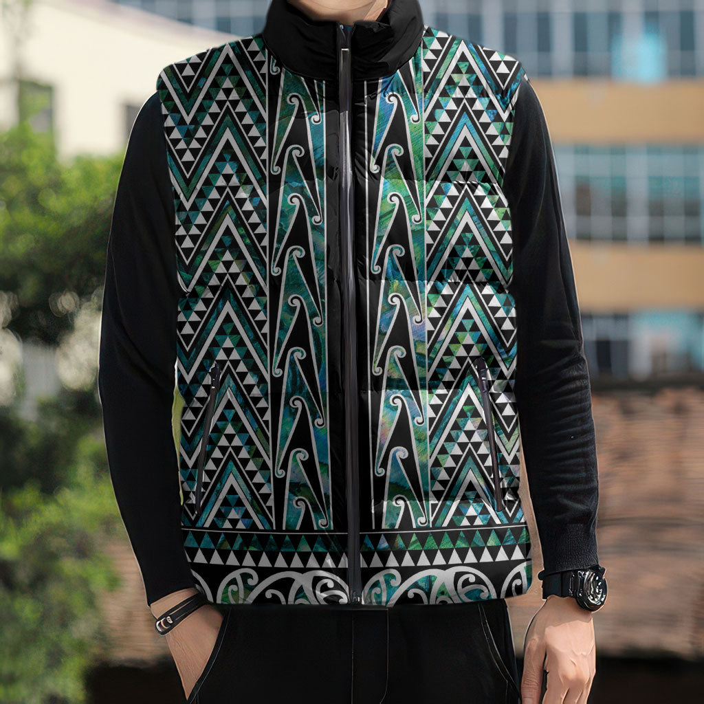 New Zealand Maori Niho Taniwha Sleeveless Puffer Jacket Papua Shell - Mangopare Puhoro Pattern