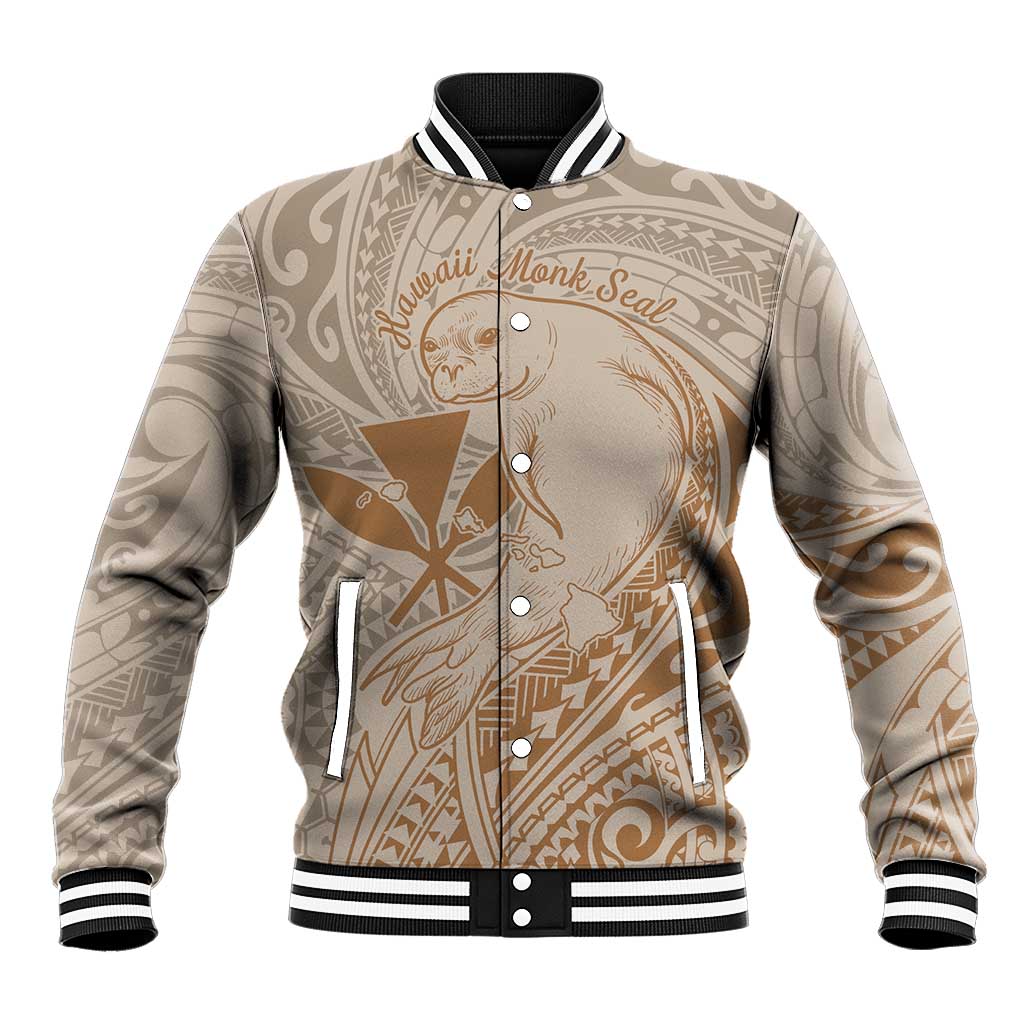 Hawaii Monk Seal and Map Baseball Jacket Polynesian Kanaka Maoli Beige Vibe LT9 Unisex Beige - Polynesian Pride