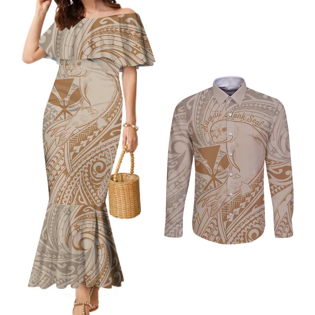 Hawaii Monk Seal and Map Couples Matching Mermaid Dress and Long Sleeve Button Shirt Polynesian Kanaka Maoli Beige Vibe