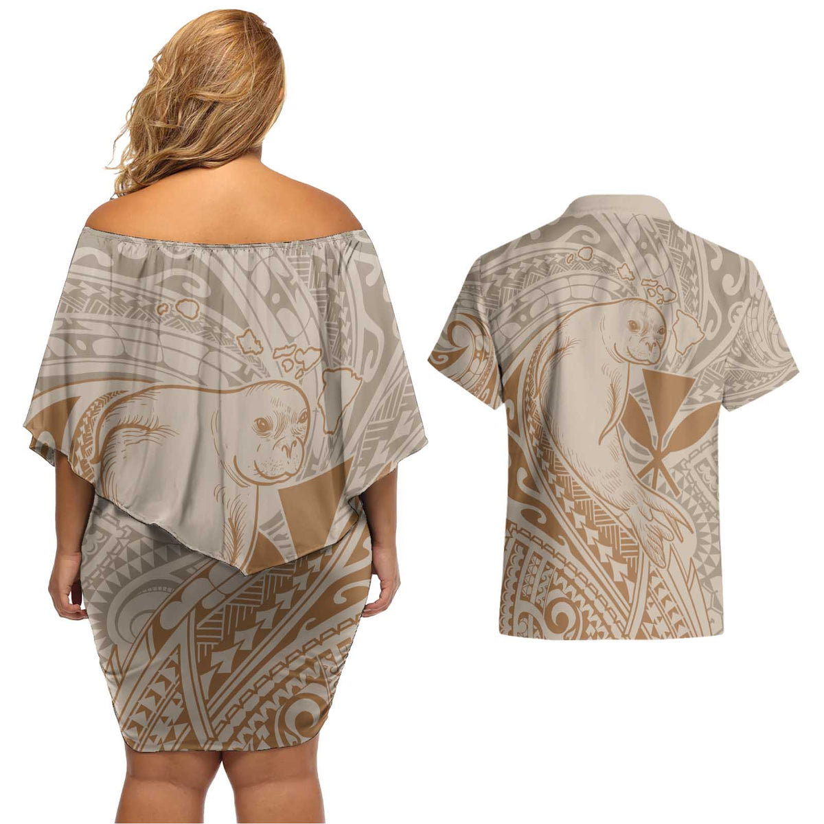 Hawaii Monk Seal and Map Couples Matching Off Shoulder Short Dress and Hawaiian Shirt Polynesian Kanaka Maoli Beige Vibe