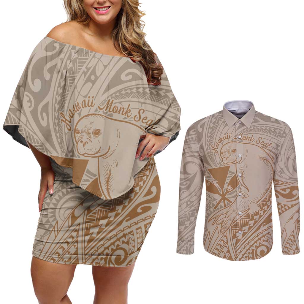 Hawaii Monk Seal and Map Couples Matching Off Shoulder Short Dress and Long Sleeve Button Shirt Polynesian Kanaka Maoli Beige Vibe LT9 Beige - Polynesian Pride