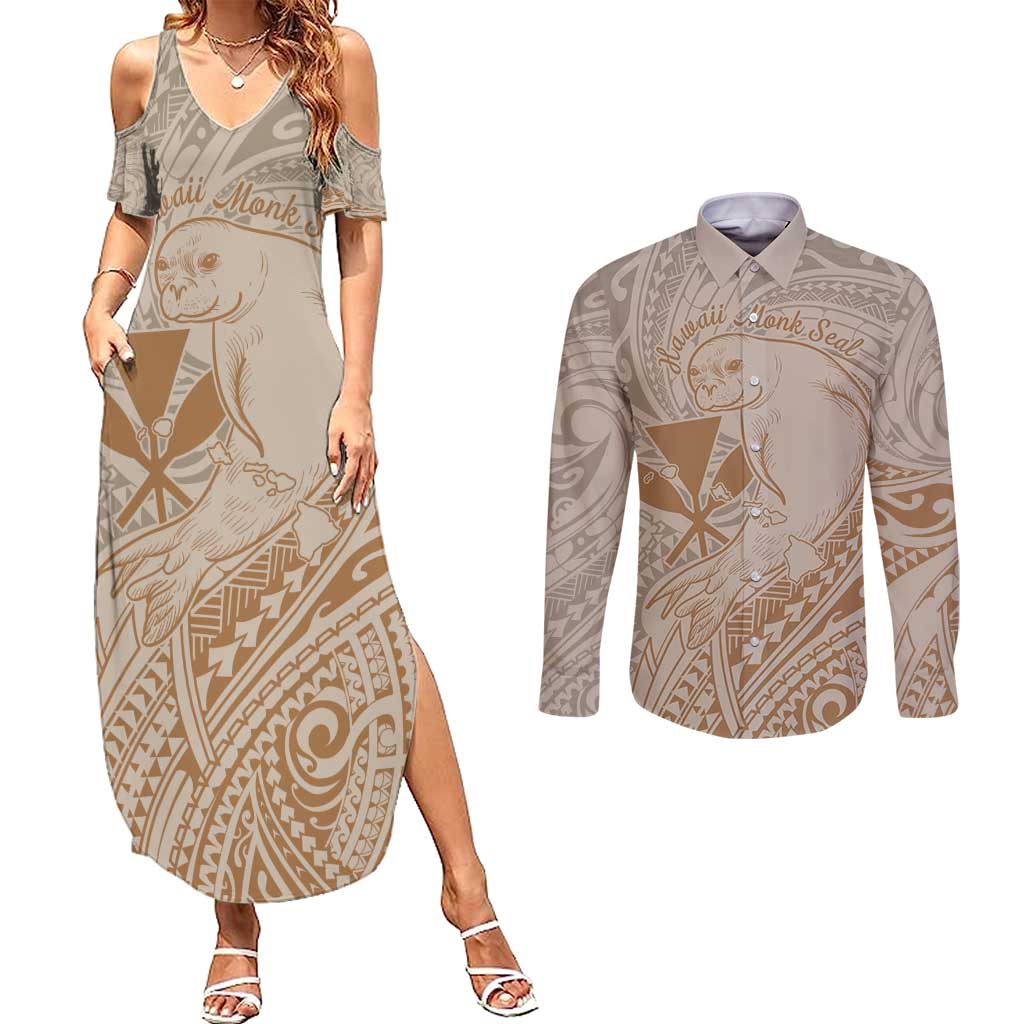 Hawaii Monk Seal and Map Couples Matching Summer Maxi Dress and Long Sleeve Button Shirt Polynesian Kanaka Maoli Beige Vibe LT9 Beige - Polynesian Pride