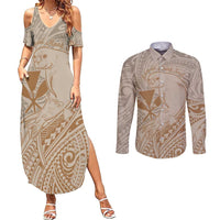 Hawaii Monk Seal and Map Couples Matching Summer Maxi Dress and Long Sleeve Button Shirt Polynesian Kanaka Maoli Beige Vibe