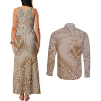 Hawaii Monk Seal and Map Couples Matching Tank Maxi Dress and Long Sleeve Button Shirt Polynesian Kanaka Maoli Beige Vibe