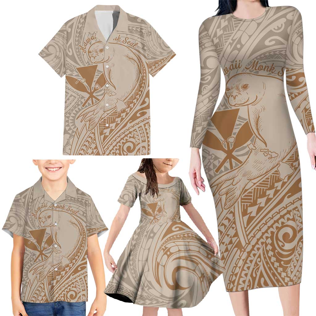 Hawaii Monk Seal and Map Family Matching Long Sleeve Bodycon Dress and Hawaiian Shirt Polynesian Kanaka Maoli Beige Vibe LT9 - Polynesian Pride