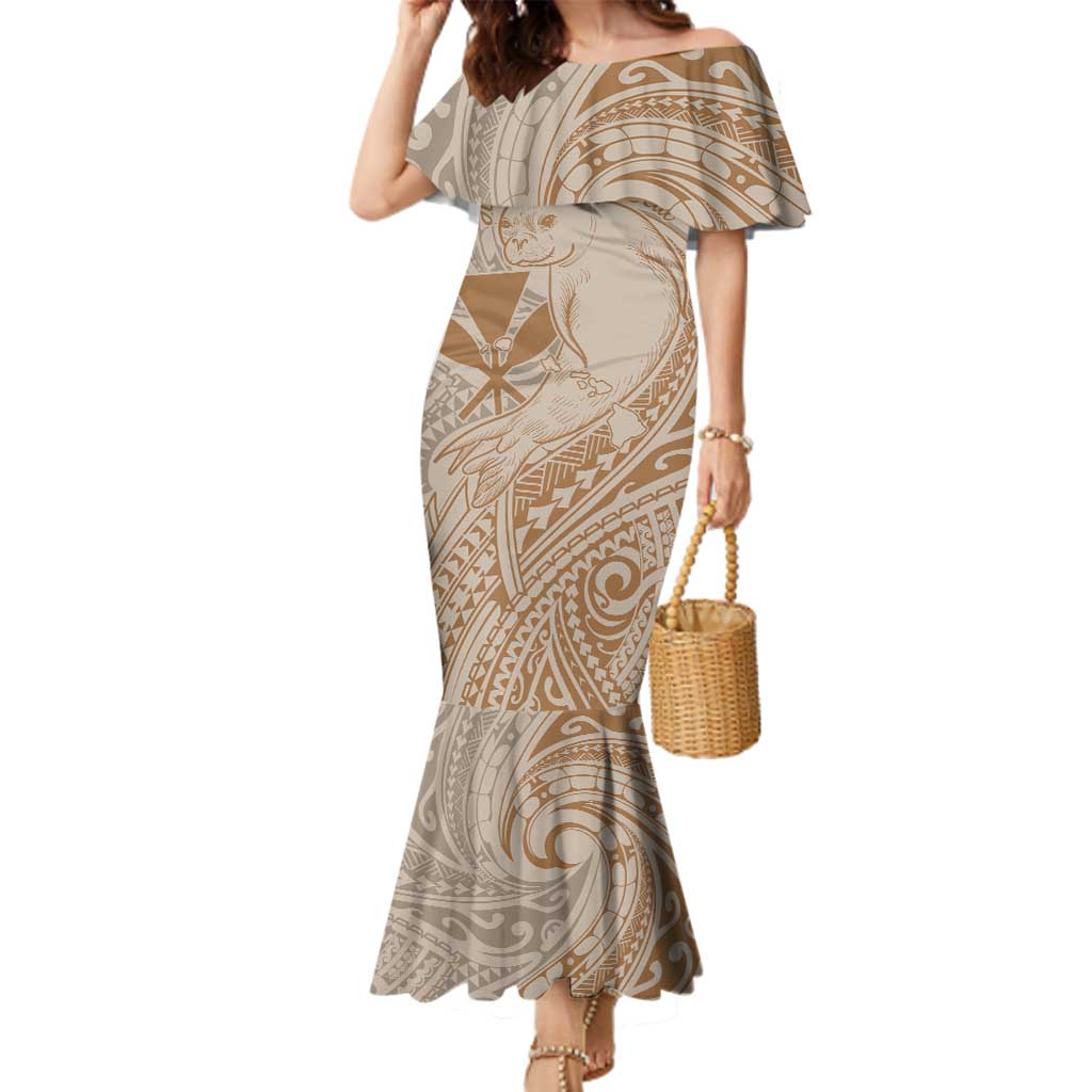 Hawaii Monk Seal and Map Family Matching Mermaid Dress and Hawaiian Shirt Polynesian Kanaka Maoli Beige Vibe