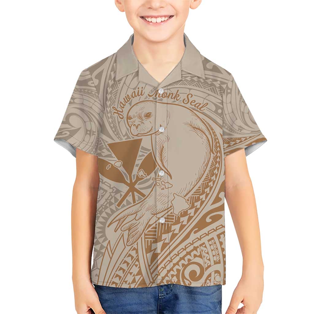 Hawaii Monk Seal and Map Kid Hawaiian Shirt Polynesian Kanaka Maoli Beige Vibe