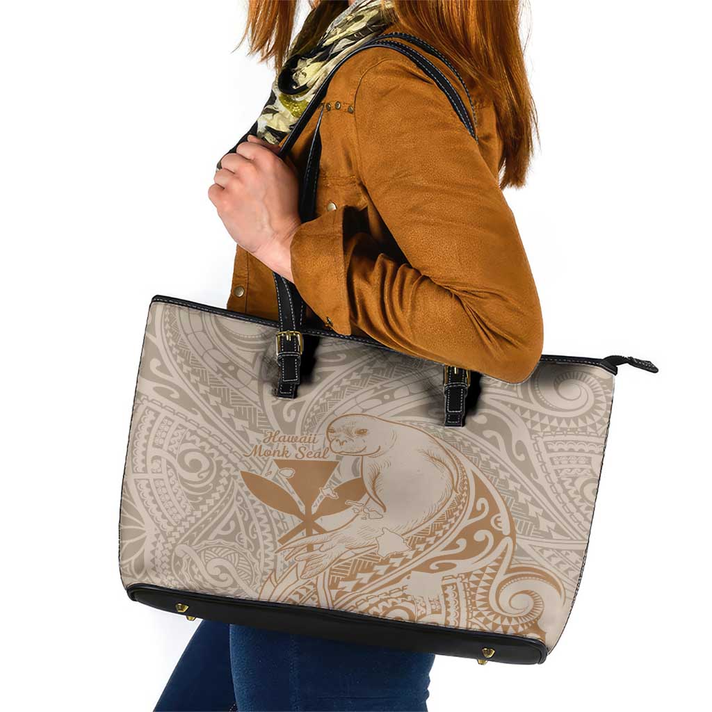 Hawaii Monk Seal and Map Leather Tote Bag Polynesian Kanaka Maoli Beige Vibe LT9 Beige - Polynesian Pride