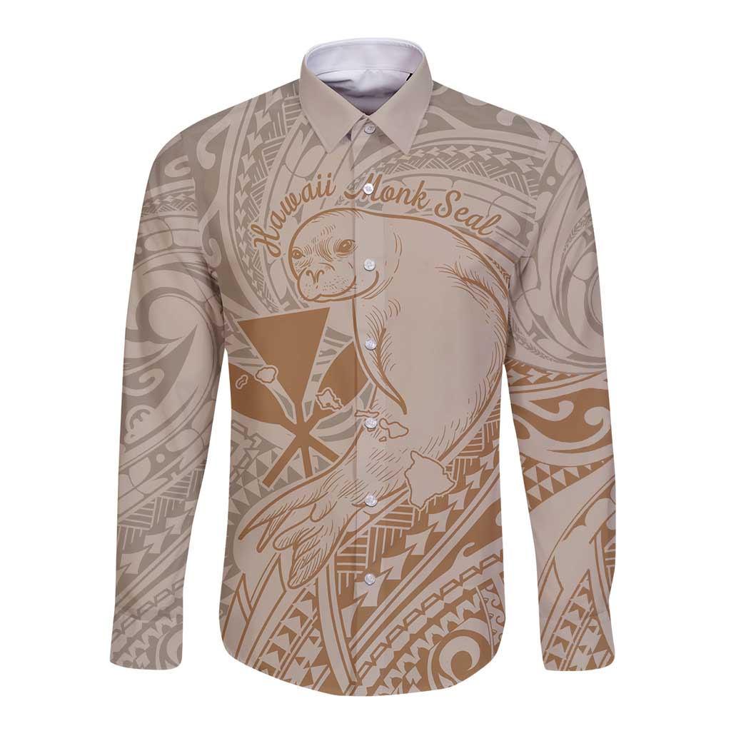 Hawaii Monk Seal and Map Long Sleeve Button Shirt Polynesian Kanaka Maoli Beige Vibe LT9 Unisex Beige - Polynesian Pride