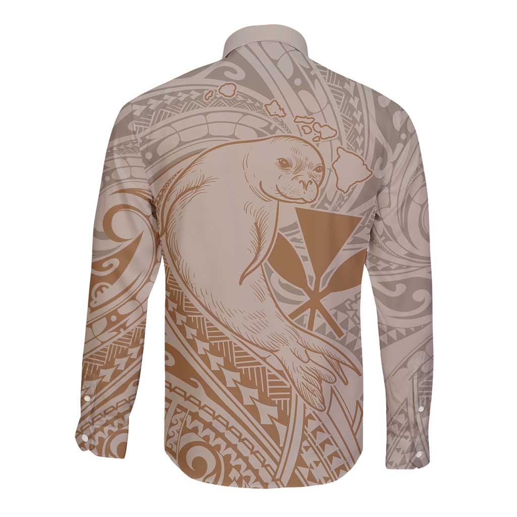 Hawaii Monk Seal and Map Long Sleeve Button Shirt Polynesian Kanaka Maoli Beige Vibe