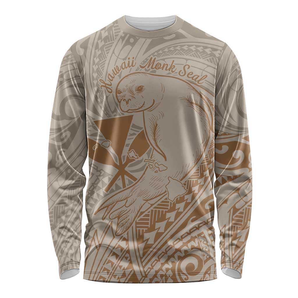 Hawaii Monk Seal and Map Long Sleeve Shirt Polynesian Kanaka Maoli Beige Vibe LT9 Unisex Beige - Polynesian Pride