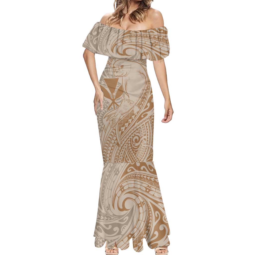 Hawaii Monk Seal and Map Mermaid Dress Polynesian Kanaka Maoli Beige Vibe