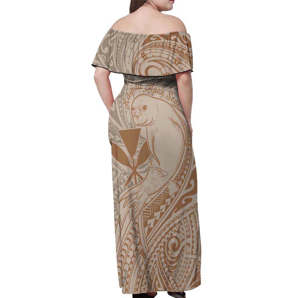 Hawaii Monk Seal and Map Off Shoulder Maxi Dress Polynesian Kanaka Maoli Beige Vibe