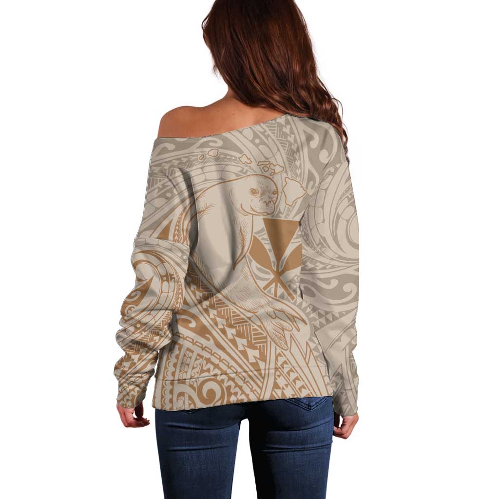 Hawaii Monk Seal and Map Off Shoulder Sweater Polynesian Kanaka Maoli Beige Vibe