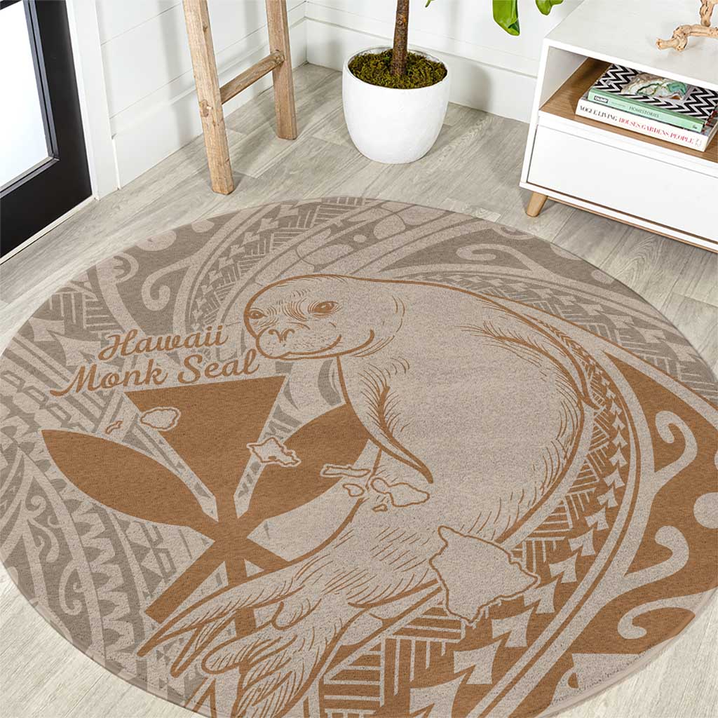 Hawaii Monk Seal and Map Round Carpet Polynesian Kanaka Maoli Beige Vibe LT9 Beige - Polynesian Pride