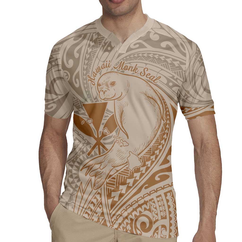 Hawaii Monk Seal and Map Rugby Jersey Polynesian Kanaka Maoli Beige Vibe