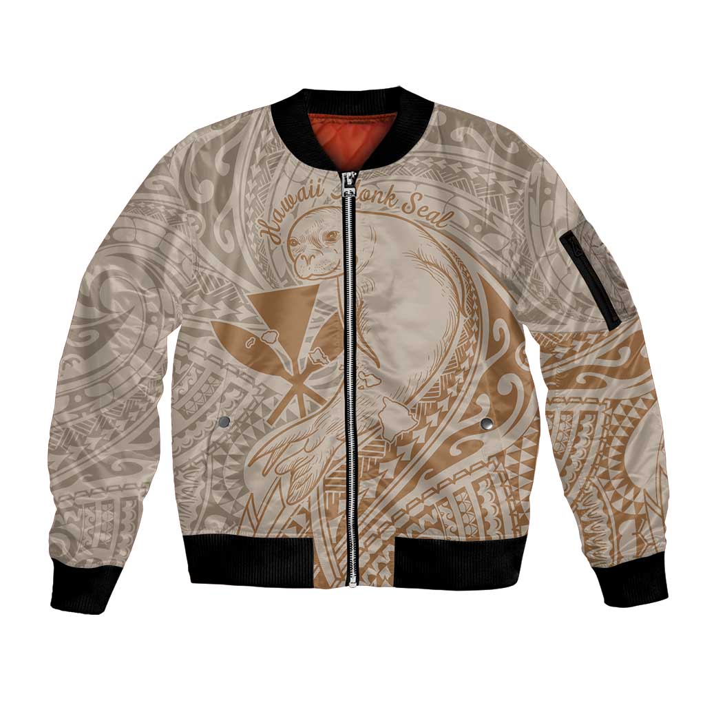 Hawaii Monk Seal and Map Sleeve Zip Bomber Jacket Polynesian Kanaka Maoli Beige Vibe LT9 Unisex Beige - Polynesian Pride