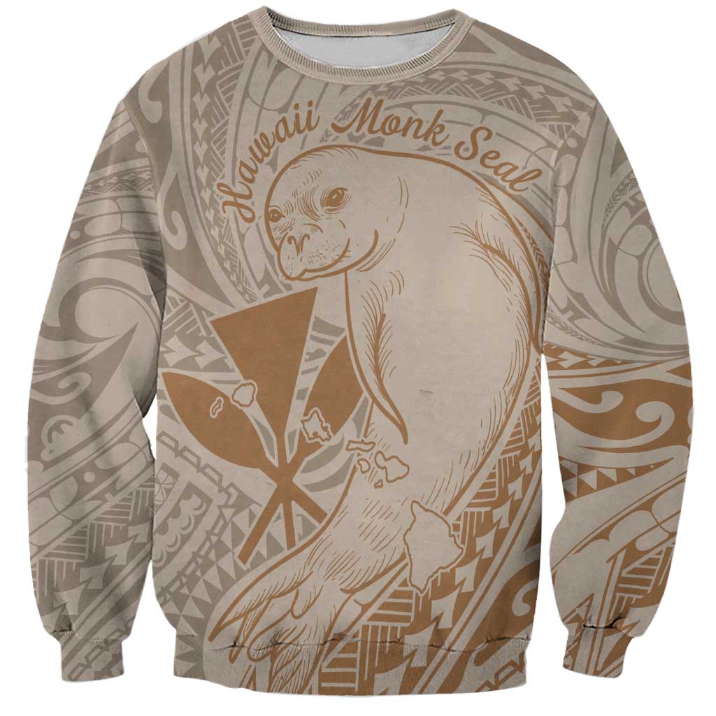 Hawaii Monk Seal and Map Sweatshirt Polynesian Kanaka Maoli Beige Vibe LT9 Unisex Beige - Polynesian Pride