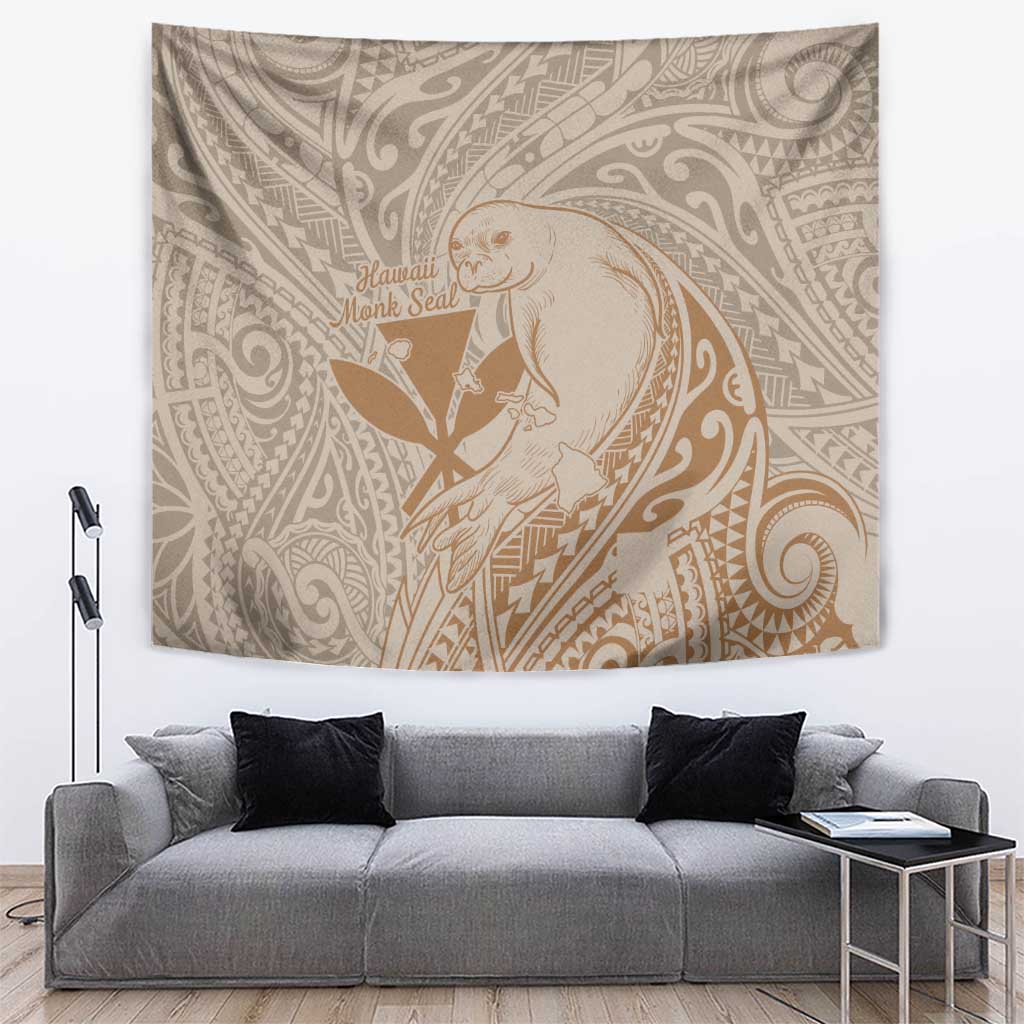 Hawaii Monk Seal and Map Tapestry Polynesian Kanaka Maoli Beige Vibe LT9 Beige - Polynesian Pride