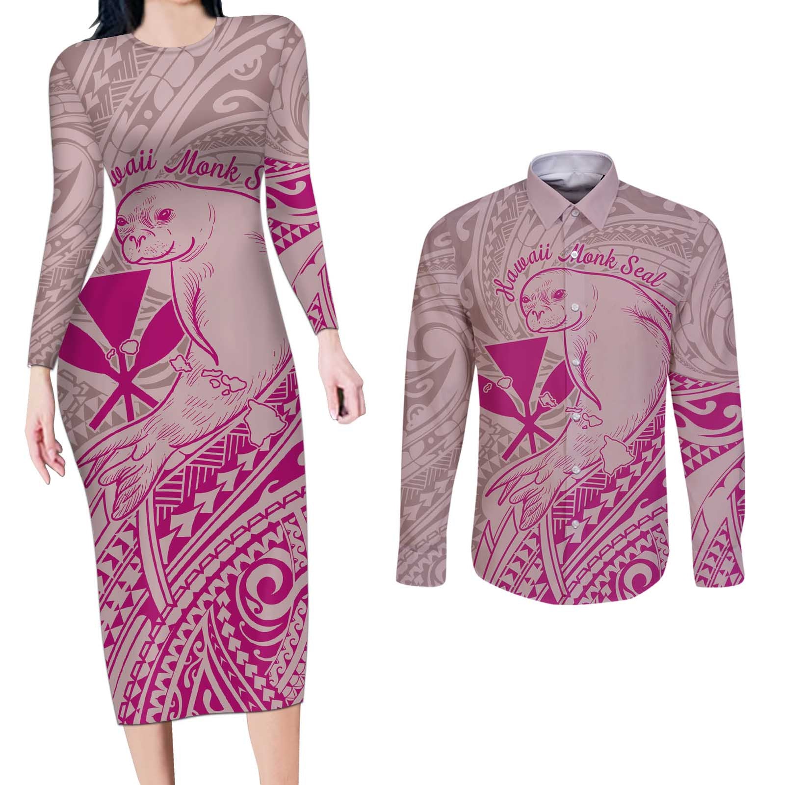 Hawaii Monk Seal and Map Couples Matching Long Sleeve Bodycon Dress and Long Sleeve Button Shirt Polynesian Kanaka Maoli Pink Vibe LT9 Pink - Polynesian Pride