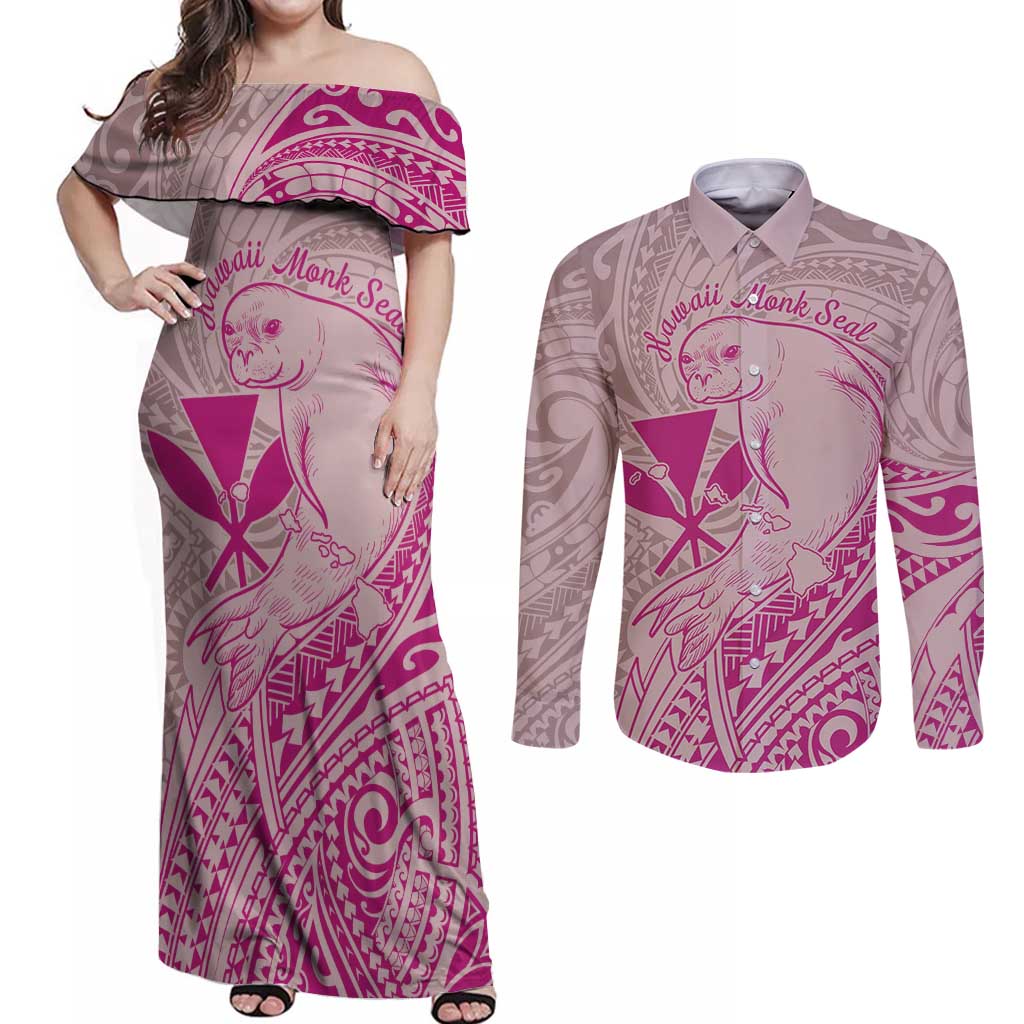 Hawaii Monk Seal and Map Couples Matching Off Shoulder Maxi Dress and Long Sleeve Button Shirt Polynesian Kanaka Maoli Pink Vibe LT9 Pink - Polynesian Pride