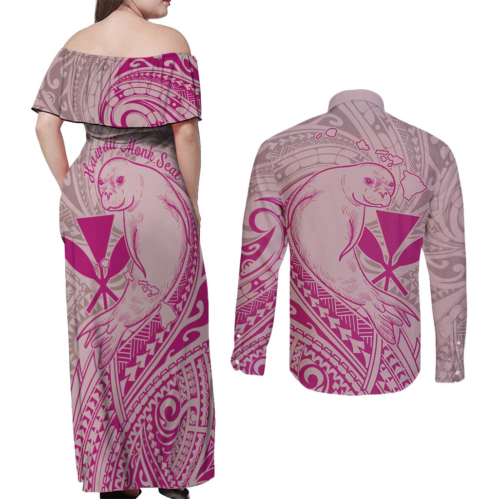 Hawaii Monk Seal and Map Couples Matching Off Shoulder Maxi Dress and Long Sleeve Button Shirt Polynesian Kanaka Maoli Pink Vibe