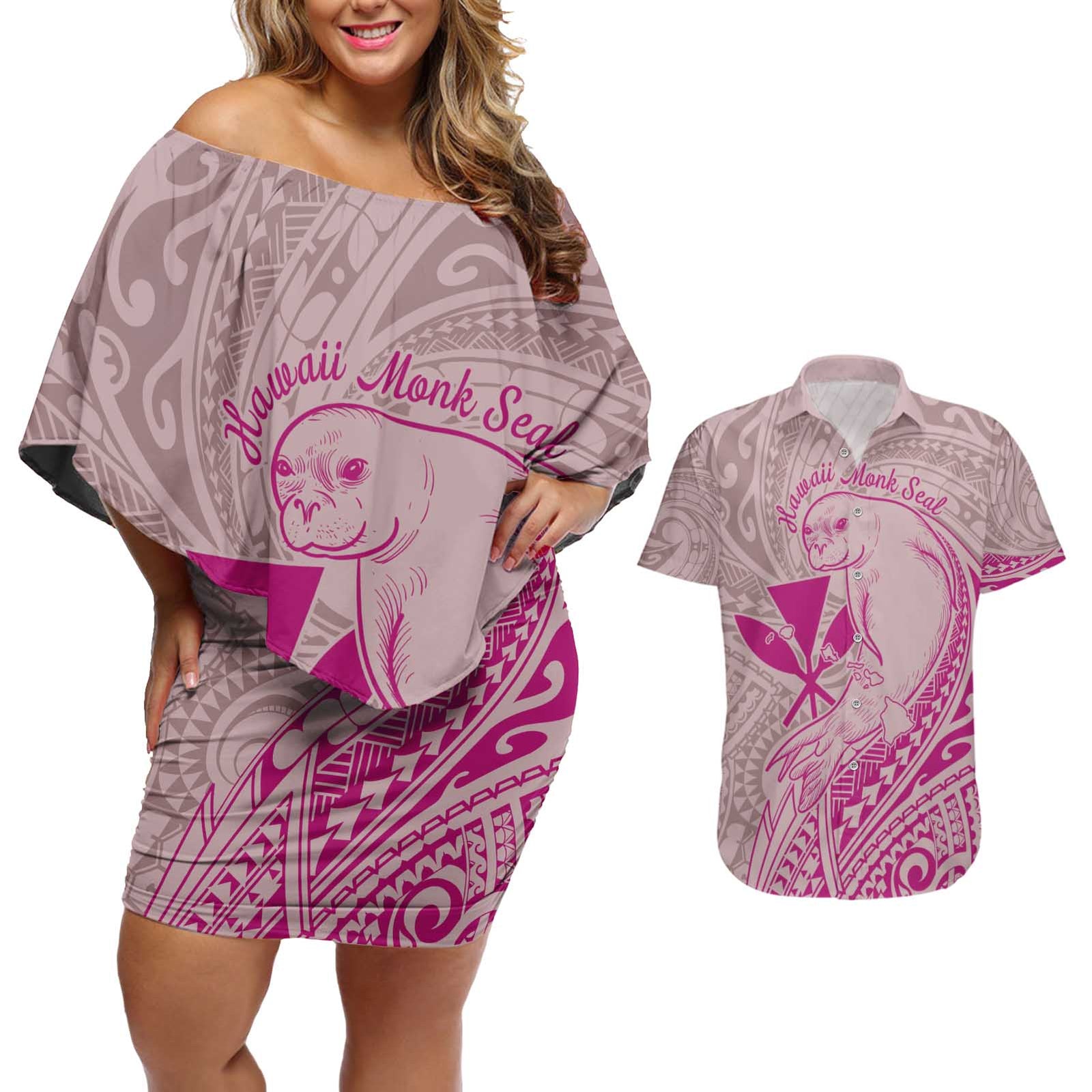 Hawaii Monk Seal and Map Couples Matching Off Shoulder Short Dress and Hawaiian Shirt Polynesian Kanaka Maoli Pink Vibe LT9 Pink - Polynesian Pride