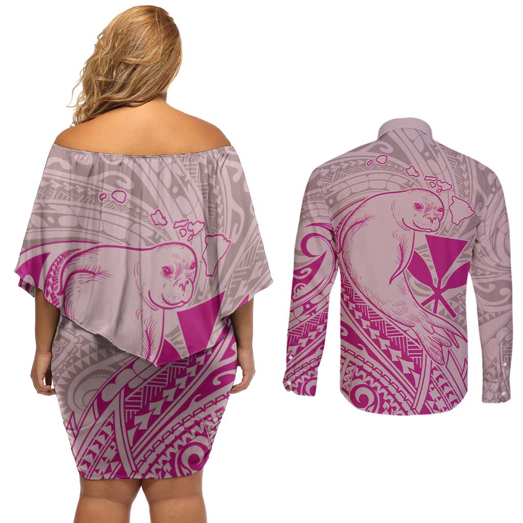 Hawaii Monk Seal and Map Couples Matching Off Shoulder Short Dress and Long Sleeve Button Shirt Polynesian Kanaka Maoli Pink Vibe