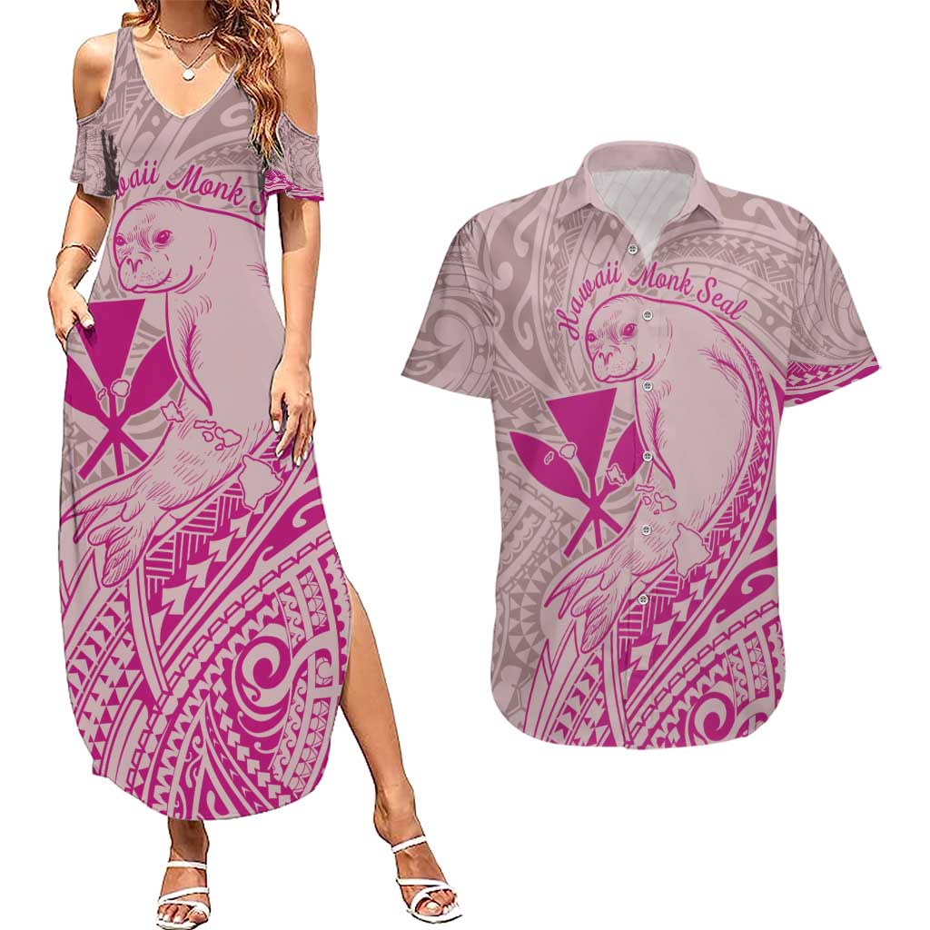 Hawaii Monk Seal and Map Couples Matching Summer Maxi Dress and Hawaiian Shirt Polynesian Kanaka Maoli Pink Vibe